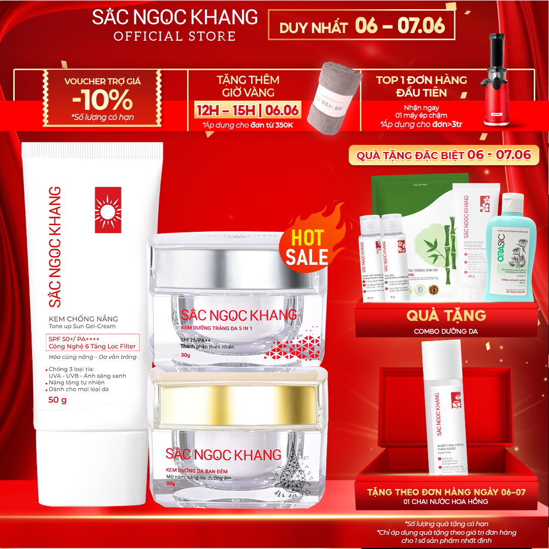 Combo Mờ Nám - Nâng Tông - Bảo Vệ Toàn Diện Kem chống nắng 50g + kem ngày 30ml + kem đêm 30g (Sắc Ngọc Khang Official)