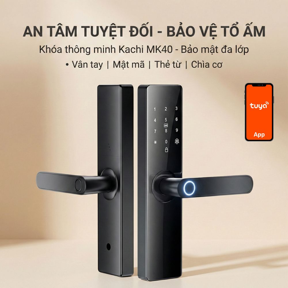 Khóa Cửa Thông Minh Kachi MK40 – Mở Khóa App Tuya + Vân tay + Chìa khóa + Thẻ từ + Mã số - hàng chính hãng