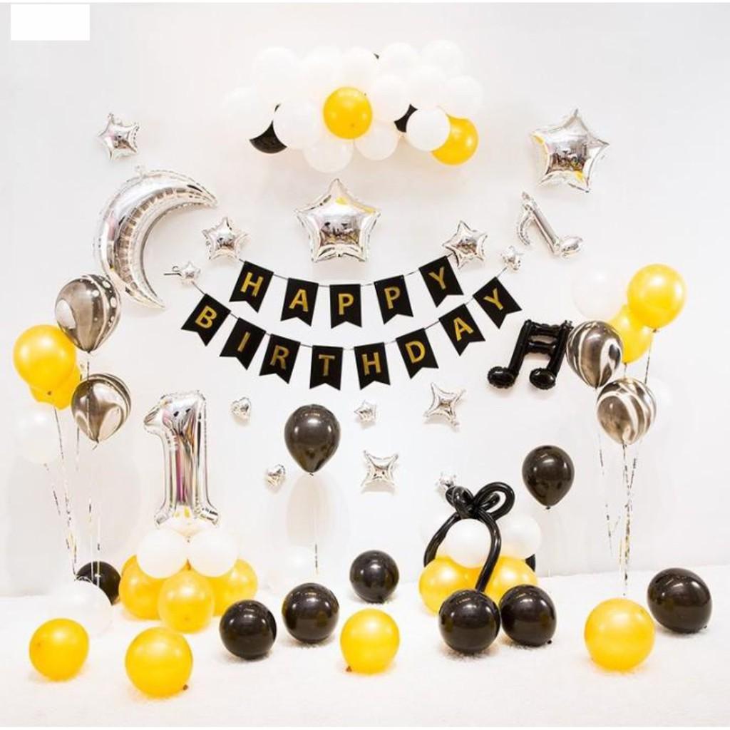 Combo bong bóng trang trí sinh nhật Happy Birthday tông vàng bạc đen lộng lẫy