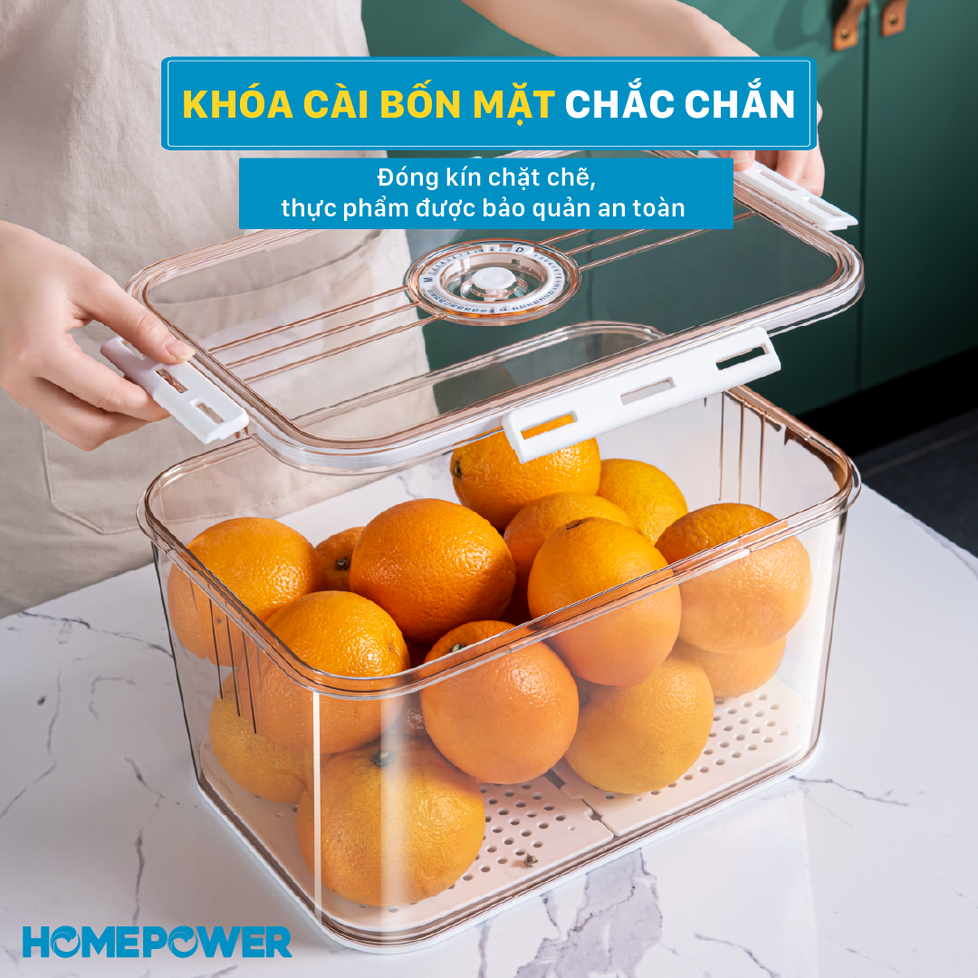 Hộp nhựa đựng thực phẩm Homepower trong suốt có khay lót đáy giúp ráo nước, chất liệu cao cấp, an toàn cho sức khỏe