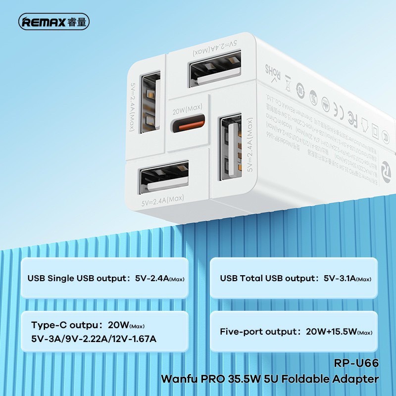 Củ Sạc Nhanh Đa Năng 5in1 Remax RP-U66 - 4 Cổng USB + 1 Cổng TypeC 20W(Max) - Tổng Công Suất Lên Đến 35.5W - Hàng Chính Hãng