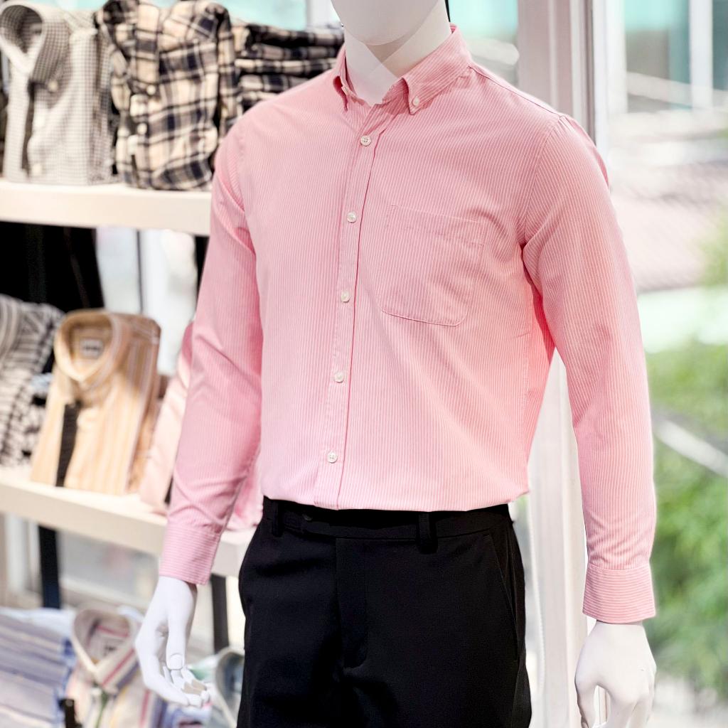 Áo Sơ Mi Nam Dài Tay Phối Sọc BY COTTON Pink White Stripes Oxford Shirt