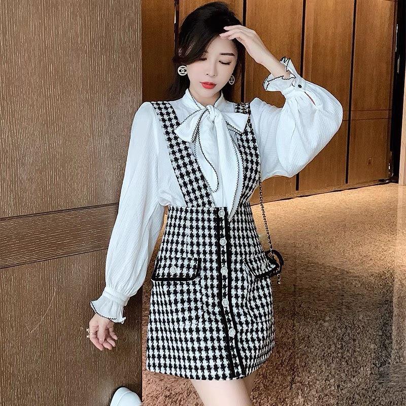 Set Yếm Dạ Mix Áo Sơmi Cổ Nơ Siêu Xinh Có Ảnh Thật Kèm Video