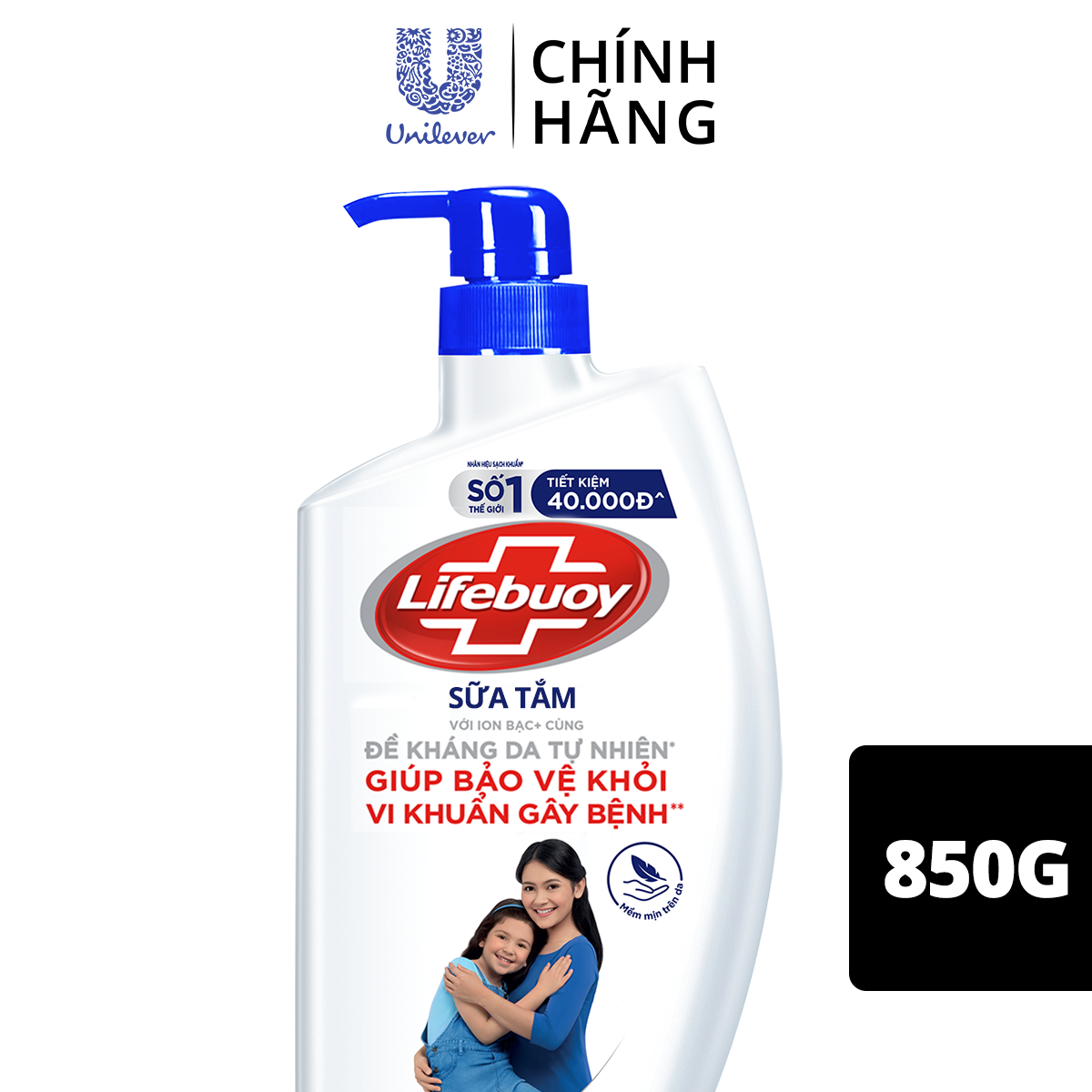 Sữa Tắm Lifebuoy Sạch Khuẩn Chăm Sóc Da Ngăn Ngừa Vi Khuẩn Lây Lan Với Ion Bạc+ Hỗ Trợ Cùng Đề Kháng Da Tự Nhiên Chai 850G