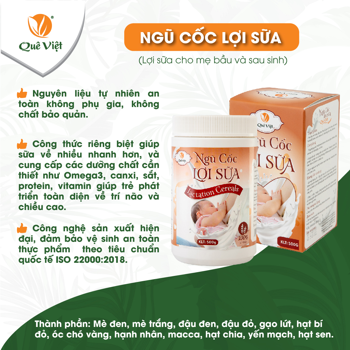 Ngũ cốc lợi sữa Quê Việt 100% nguyên liệu hữu cơ, sữa về nhiều, nhanh, bổ sung dinh dưỡng cho bé gói 100gr