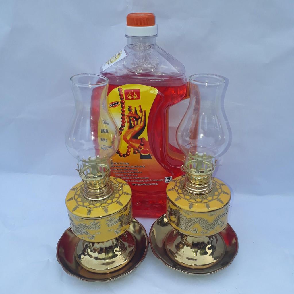 Cặp đèn thờ sứ Kim Sa và 1 dầu Lưu Ly Cát Tường 2 lit