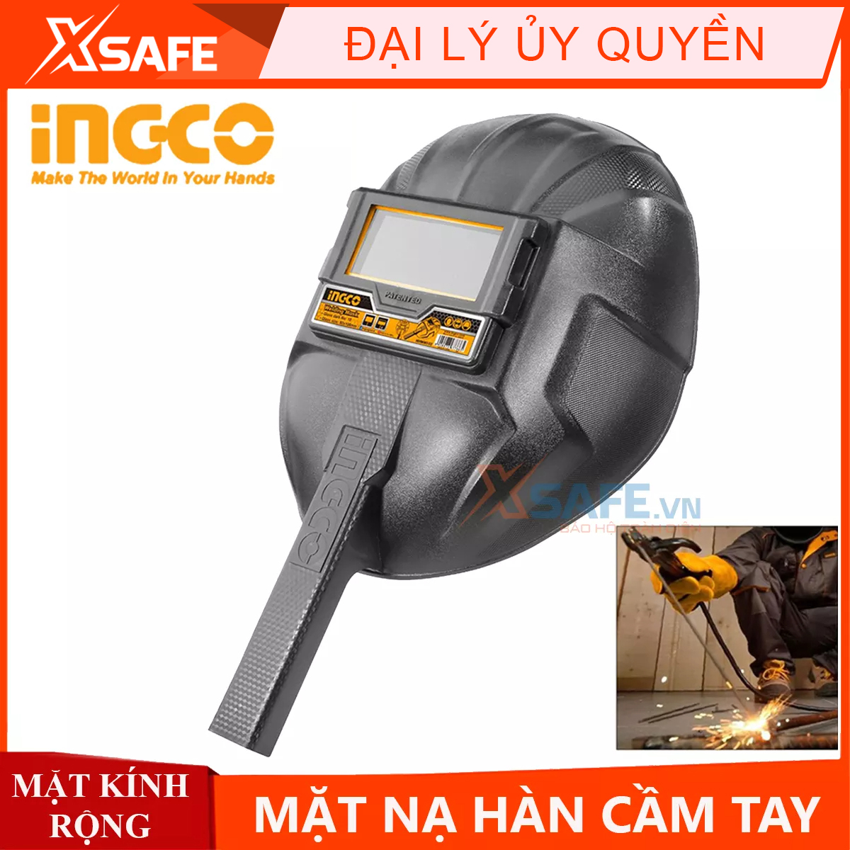 Mặt nạ hàn INGCO HHWM102 kính hàn điện, hồ quang, hàn tig, mig chất liệu 100% PP bền chắc chịu nhiệt cao, mặt kính rộng