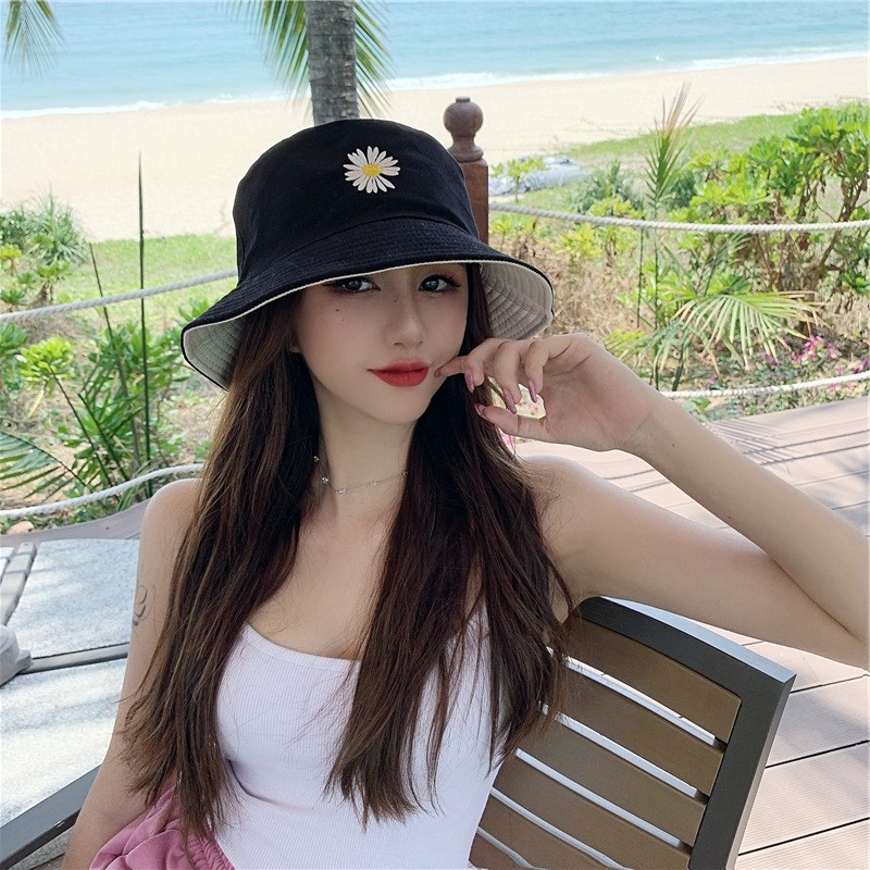 Mũ xinh <3 <3 MŨ BUCKET 2 MẶT thêu HOA CÚC NAM NỮ siêu kute - ĐEN-TRẮNG