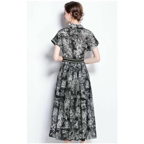 HÀNG NHẬP - ĐẦM XÒE LỤA CỔ SƠ MI IN HỌA TIẾT KÈM NỊT