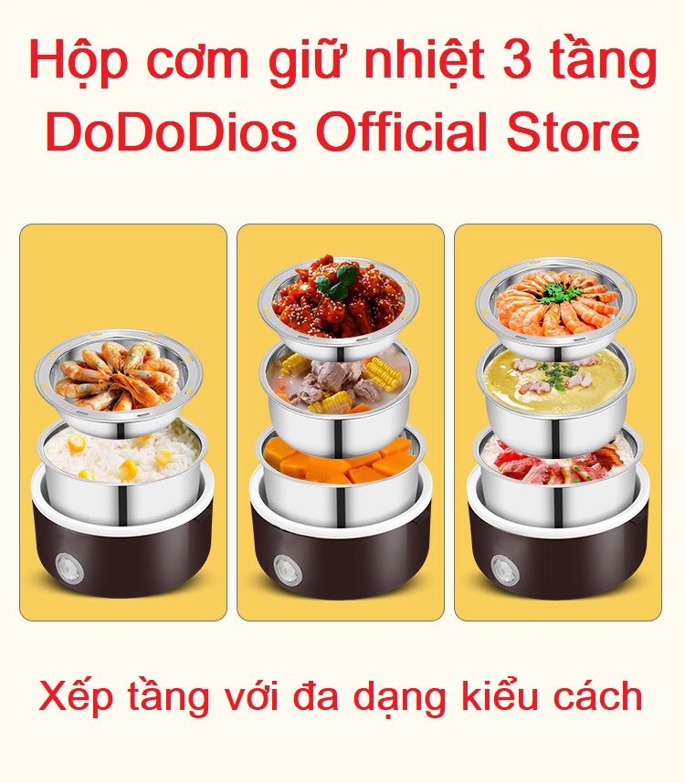 Hộp cơm cắm điện giữ nhiệt 3 tầng, chất liệu inox 304 an toàn sức khỏe, hộp cơm giữ nhiệt, hộp cơm văn phòng tiện lợi - Chính hãng DoDoDios