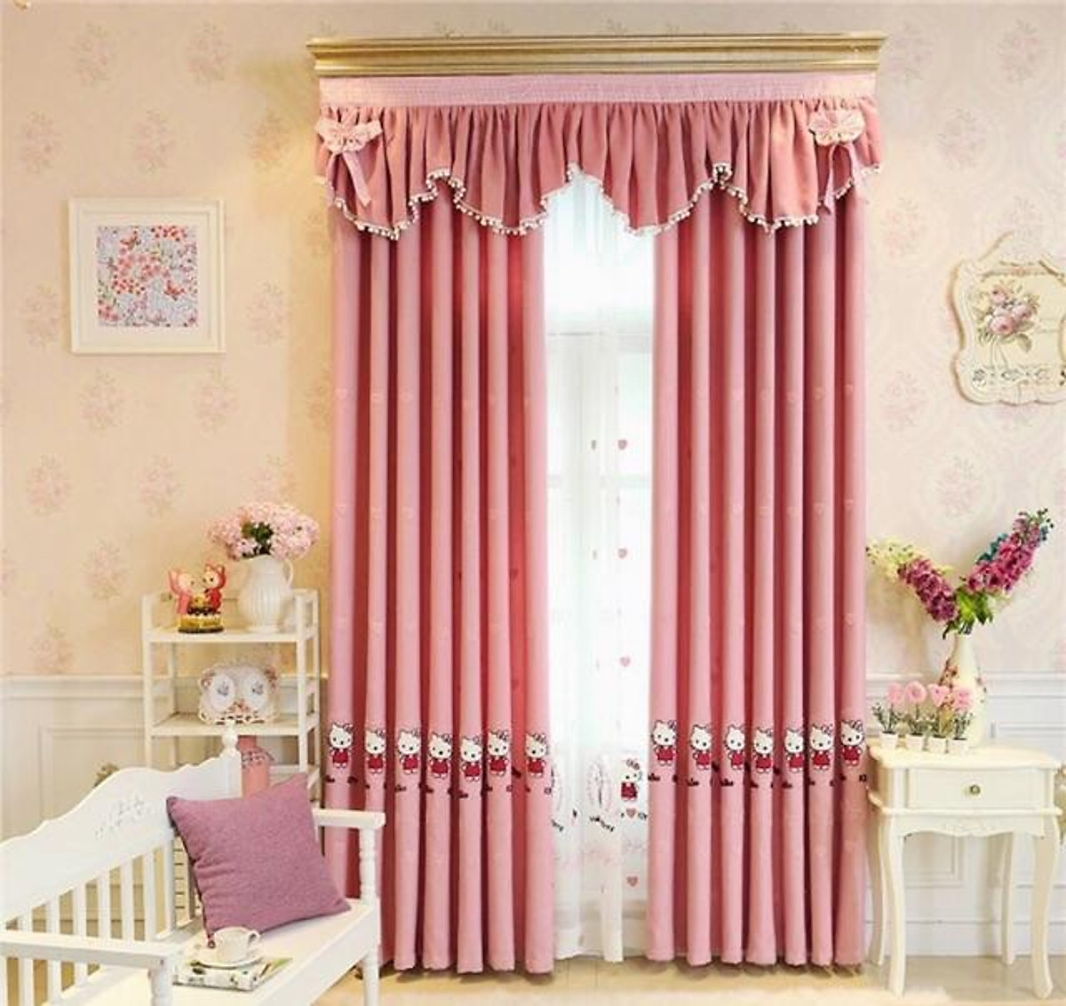 Rèm Thêu Kitty xinh xắn, rèm cửa màu hồng trang trí phòng ngủ trẻ em - Cao cố định 2.5m