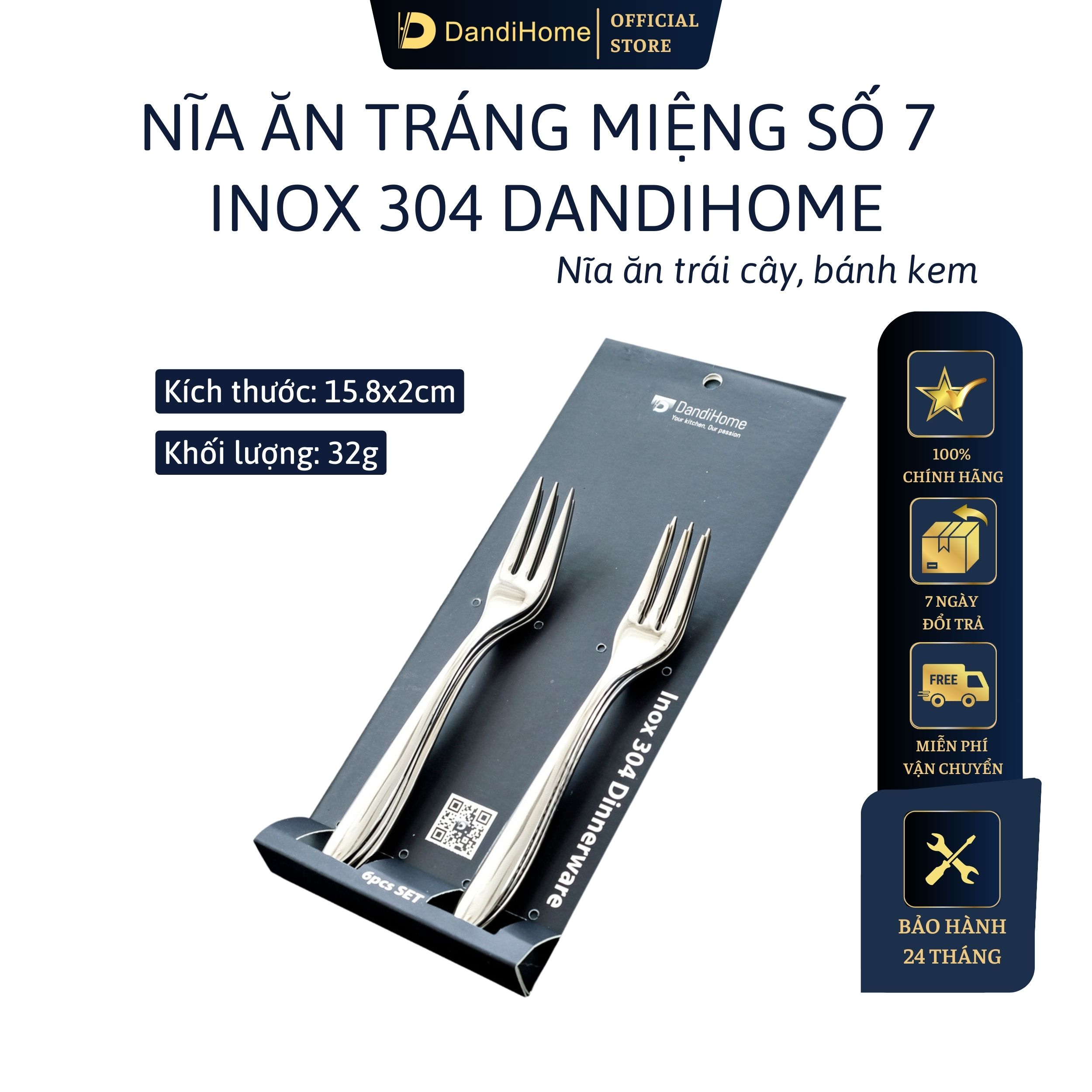 Bộ 6 Nĩa Tráng Miệng Số 7 Inox 304 Dandihome 2020 Cao Cấp, Sang Trọng, Tinh Tế - Nĩa Tráng Miệng Số 7