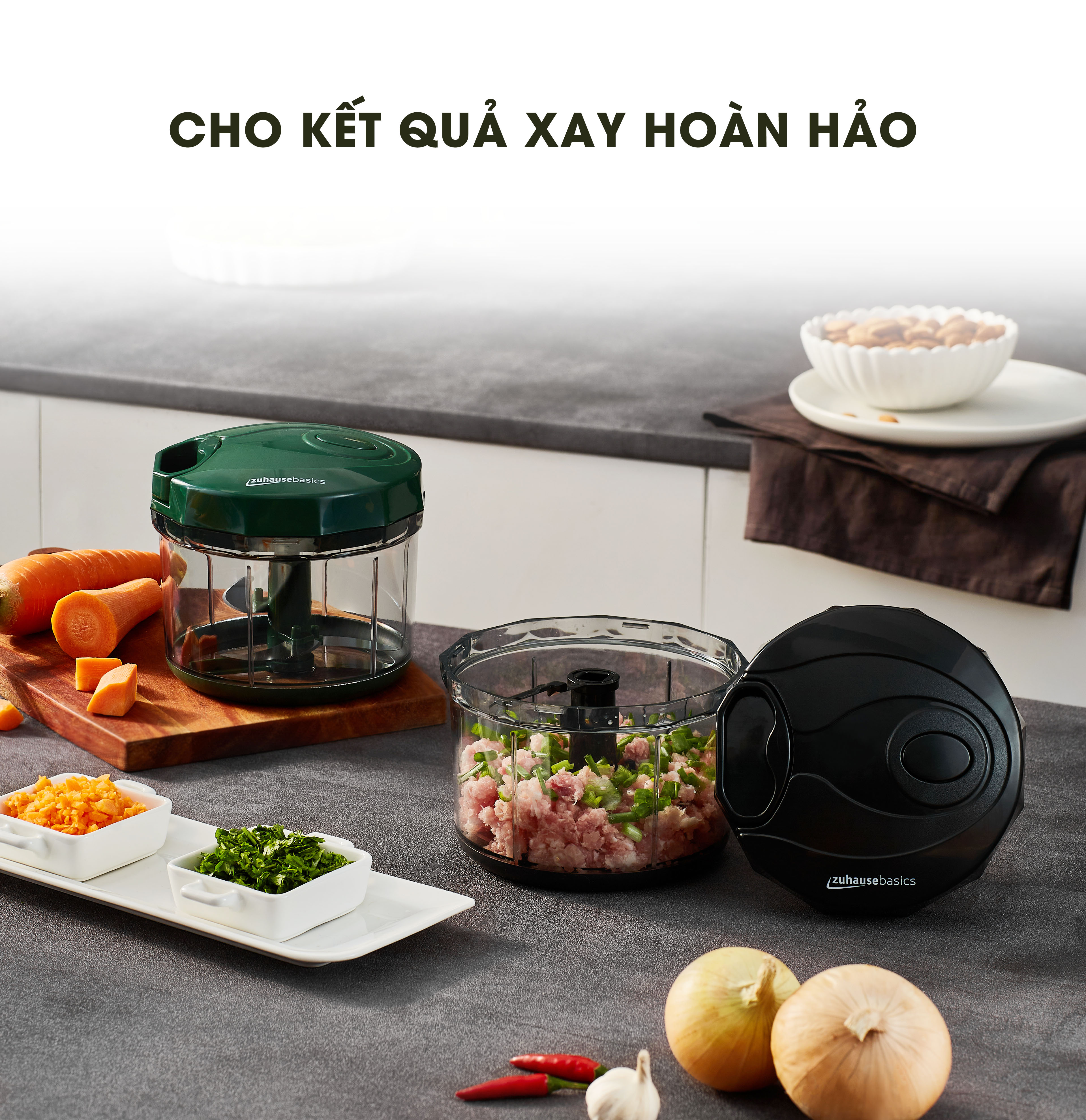 Dụng cụ xay tỏi ớt, thực phẩm Zuhausebasics ZB38 lưỡi xay bén,dây rút tiện lợi - hàng chính hãng