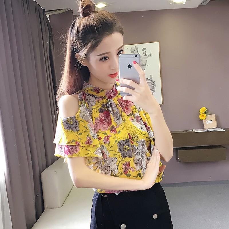 Áo sơ mi voan nữ ngắn tay họa tiết hoa nhí