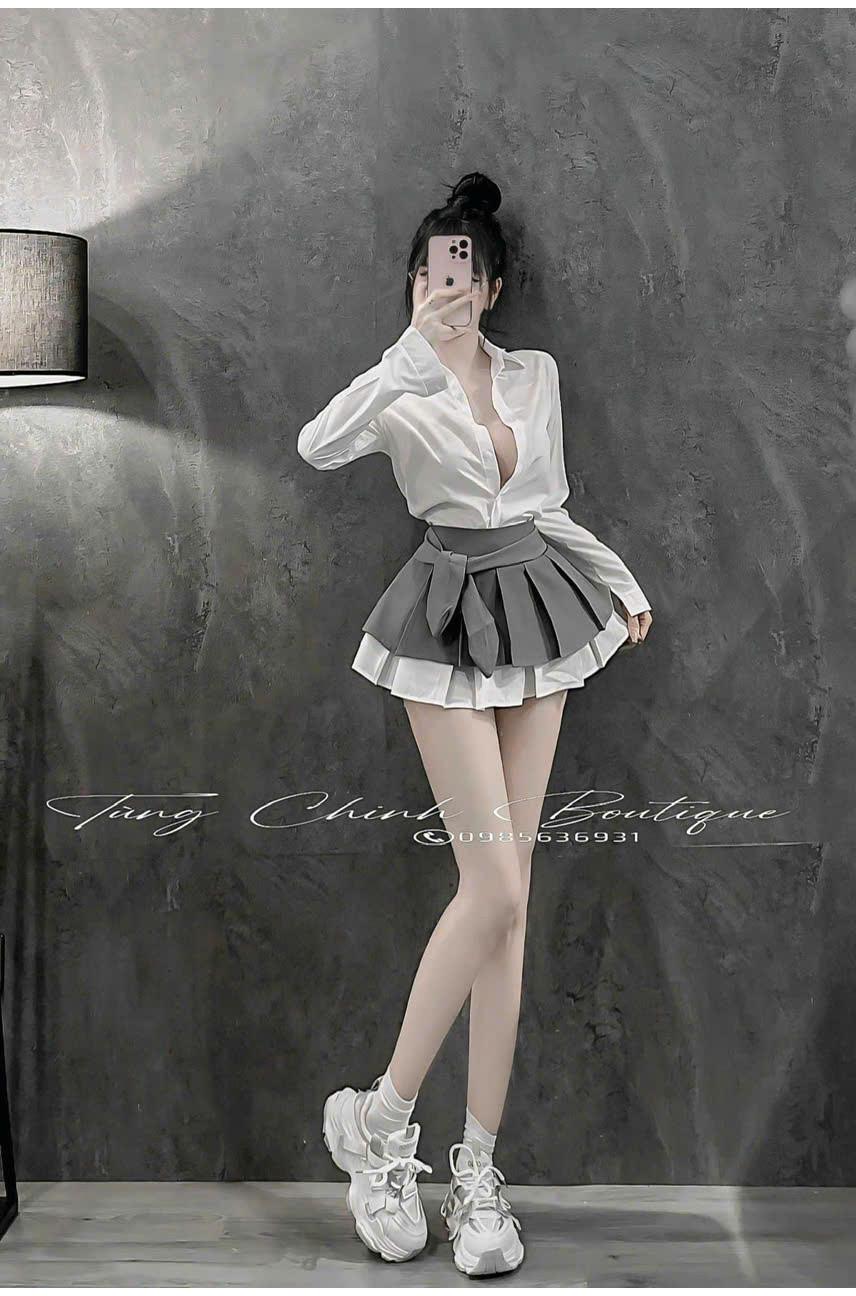 Sét sơ mi dài tay mix chân váy ly phối tặng cà vạt   QA BY JOLIE - kẻ đen, kẻ đen