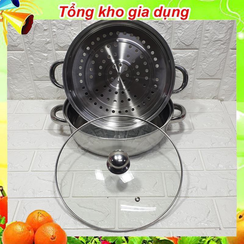 Nồi hấp 2 tầng inox, nồi hấp xôi, bánh bao size 28cm nắp kính