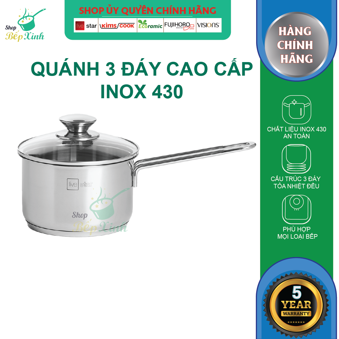 Quánh Nấu Bột Cháo Cho Bé Inox 430 Bếp Từ 3 Đáy Fivestar (12 - 16 cm) Nắp Kính + Tặng 5 Muỗng Ăn Inox