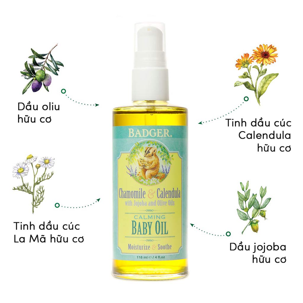 Dầu Hữu Cơ Dưỡng Da và Massage Cho Em Bé BADGER Baby Oil - 118mL