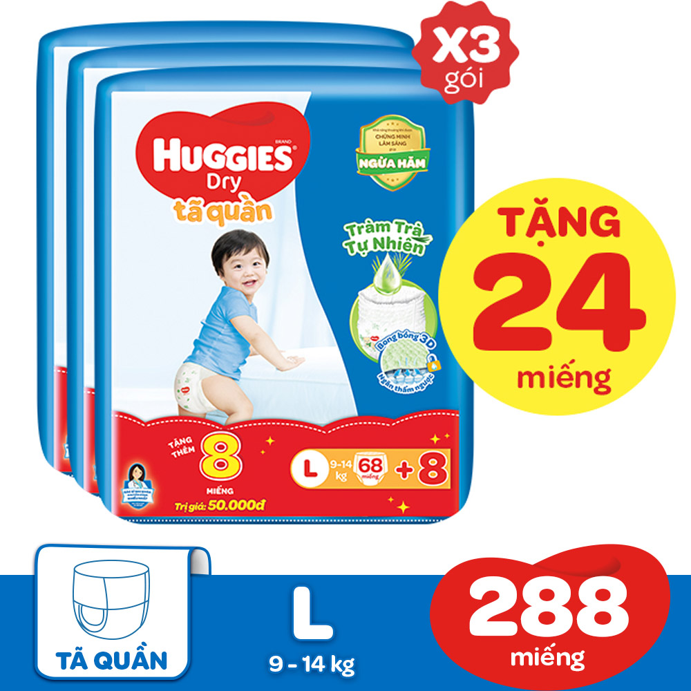 Combo 3 gói Tã Quần Huggies Dry Tràm Trà Tự Nhiên Gói Cực Đại