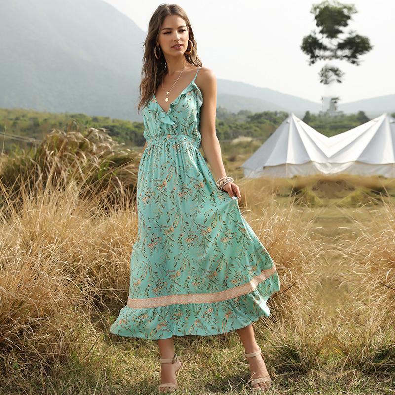 Boho Women Dress Floral Print Deep V Neck Spaghetti Strap Sleeveless High Waist Backless Ruffle Maxi Beach One-piece