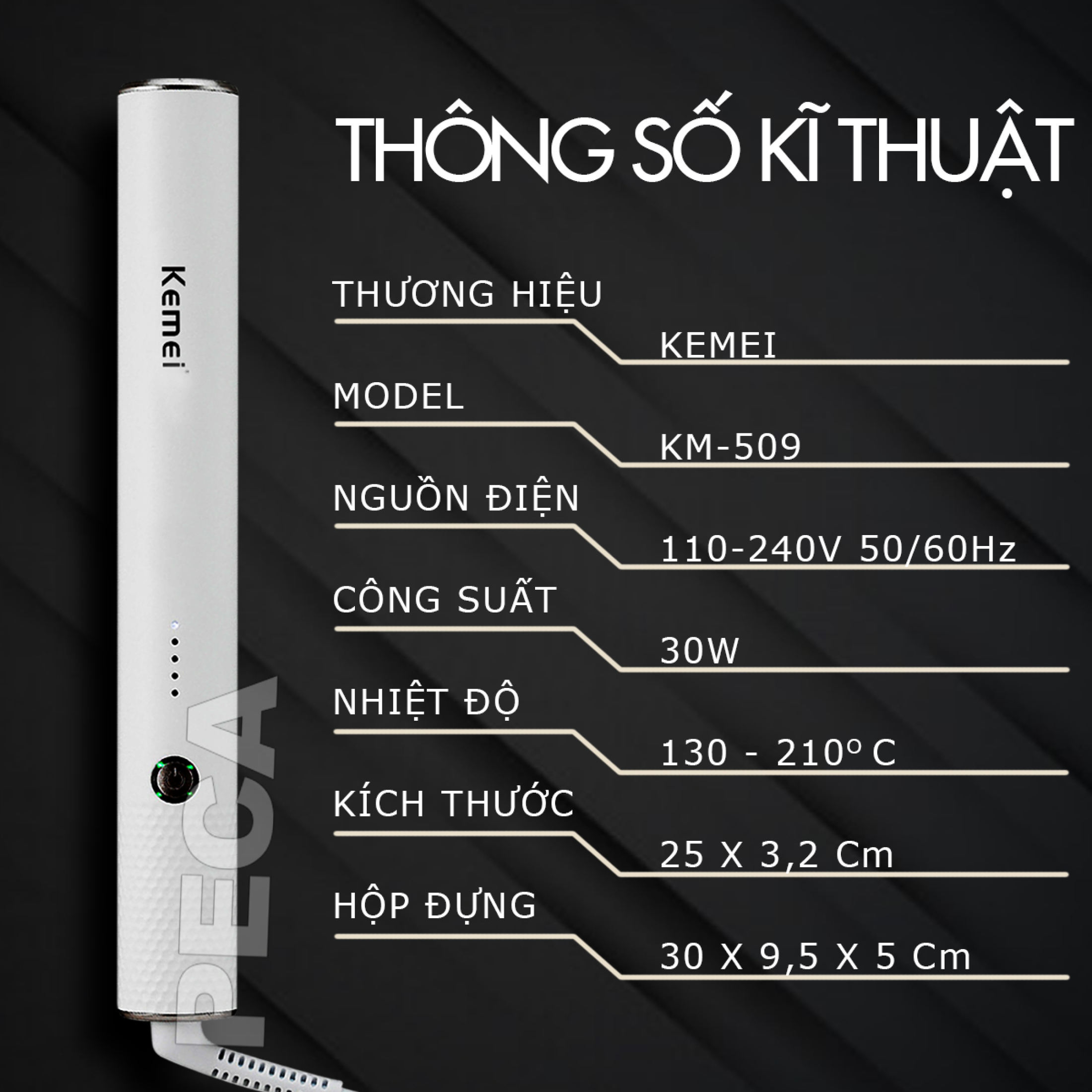 Lược điện chải thẳng tóc KEMEI KM-509 điều chỉnh 5 mức nhiệt độ có thể dùng là tóc thẳng uốn xoăn, tạo kiểu tóc thích hợp sử dụng cho mọi loại tóc