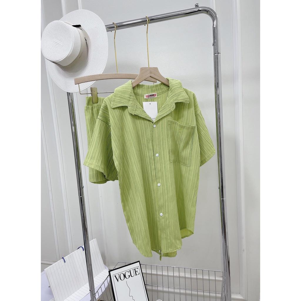 Bộ Áo Sơ Mi Cộc Tay Dây Buộc Lưng Quần Short Dáng Thụng Vải Đũi Gân