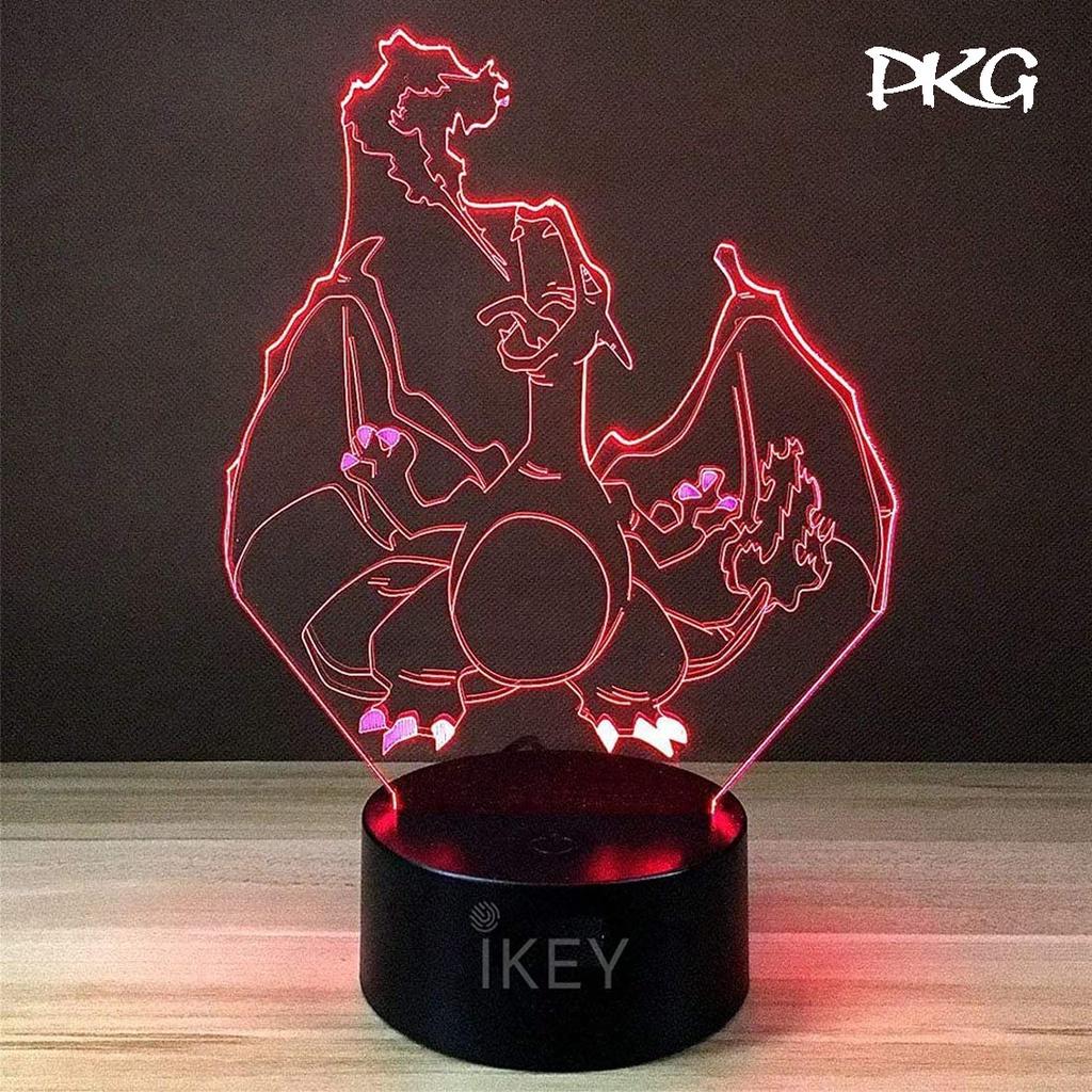 Đèn Ngủ Led 3D Hình Charizard Pokemon Quà Tặng Trang Trí cảm ứng có Điều khiển từ xa nháy sáng 16 màu