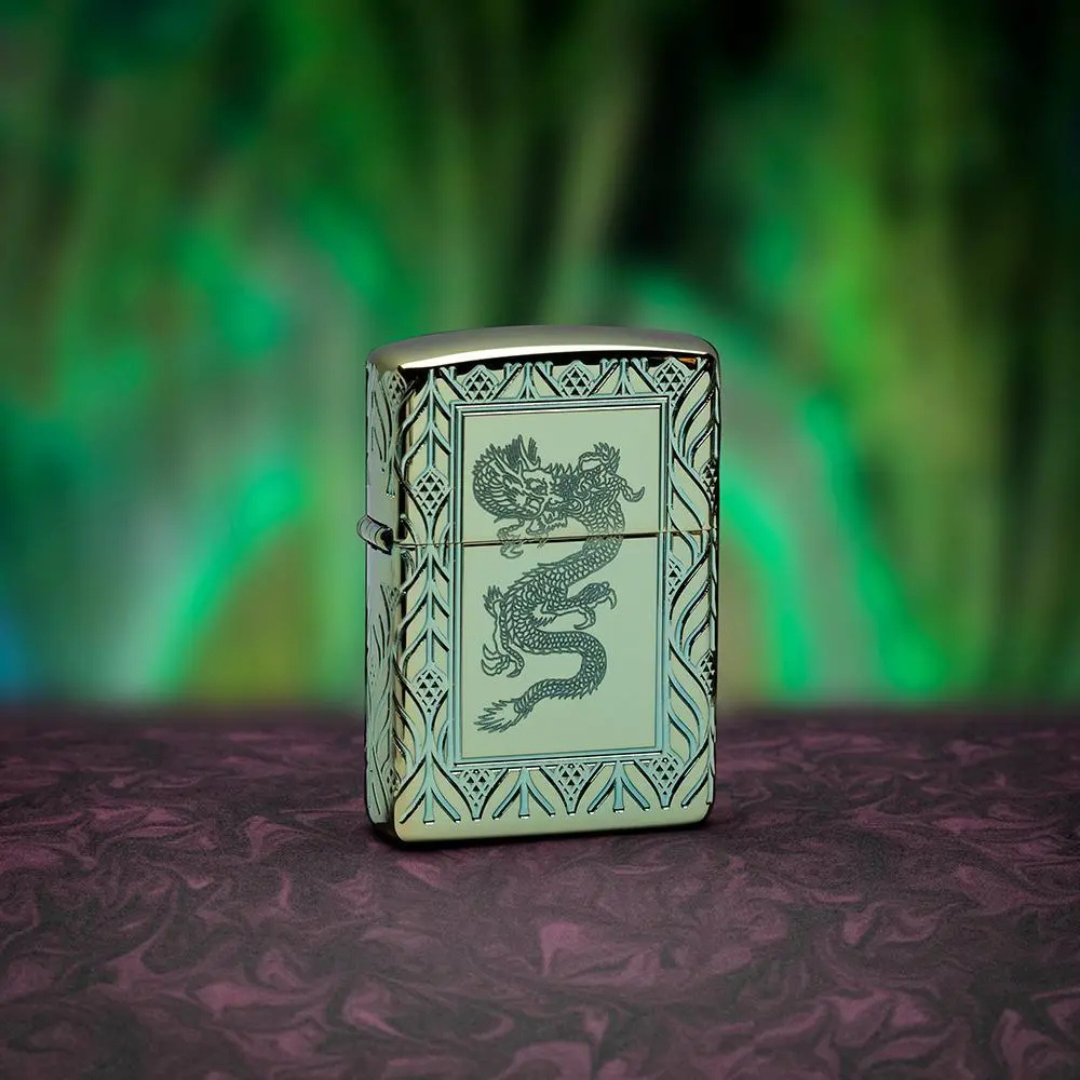 Bật Lửa Zippo Armor High Polish Green Elegant Dragon - Vỏ Dày Khắc Sâu MultiCut Hình Rồng Xanh Cao Cấp