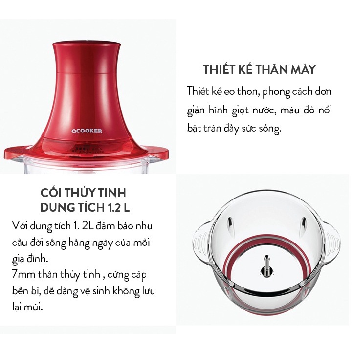 Máy xay thịt thực phẩm đa năng QCOOKER Đỏ - Thiết bị xay trộn nghiền tiện dụng cho gia đình - Hàng Chính Hãng