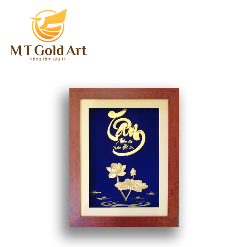 Tranh hoa sen và chữ tâm thư pháp dát vàng 24k( 35X55cm) MT Gold Art- Hàng chính hãng, trang trí nhà cửa, phòng làm việc, quà tặng sếp, đối tác, khách hàng, tân gia, khai trương