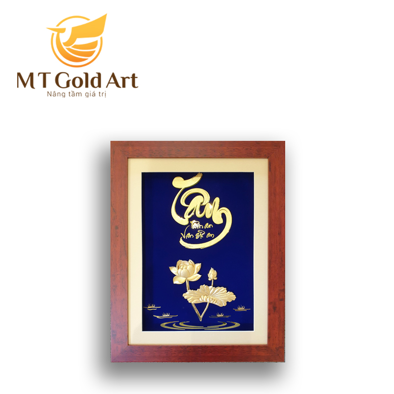 Tranh Hoa Sen chữ Tâm Dát Vàng 24K (26x35cm) MT Gold Art- Hàng chính hãng, trang trí nhà cửa, quà tặng dành cho sếp, đối tác, khách hàng, sự kiện