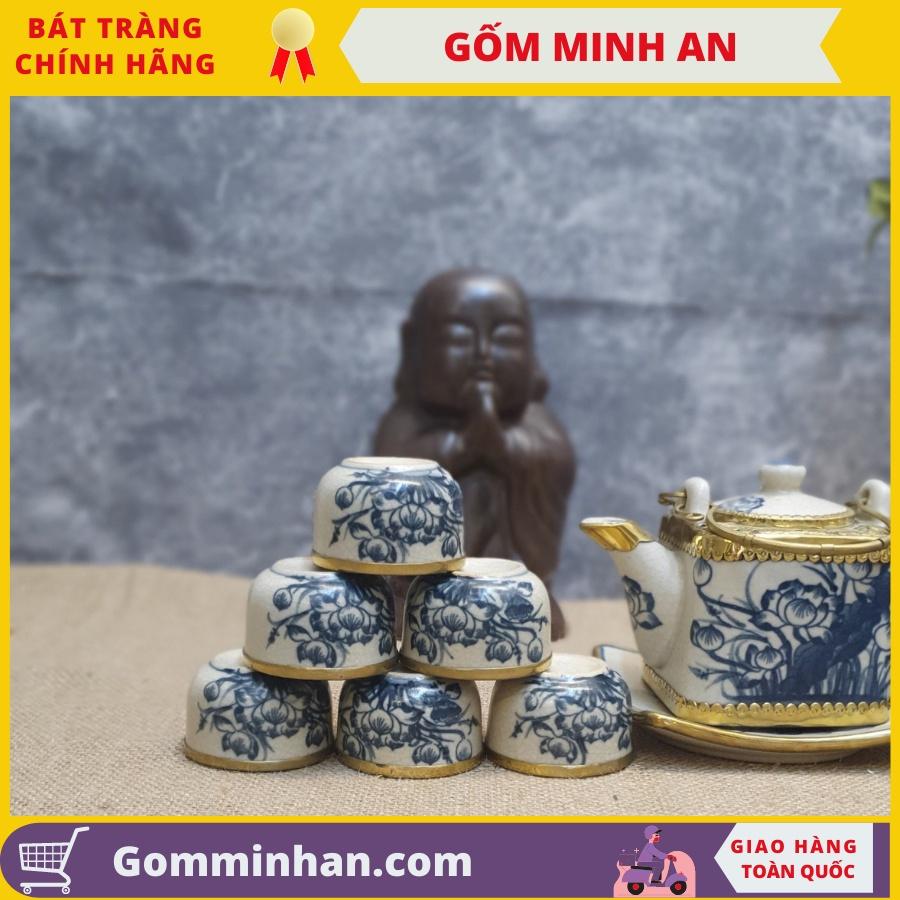 Bộ ấm trà giả cổ Gốm sứ Bát Tràng dáng ấm vuông bọc đồng vẽ hoa sen- Gốm Minh An- Ấm trà đẹp