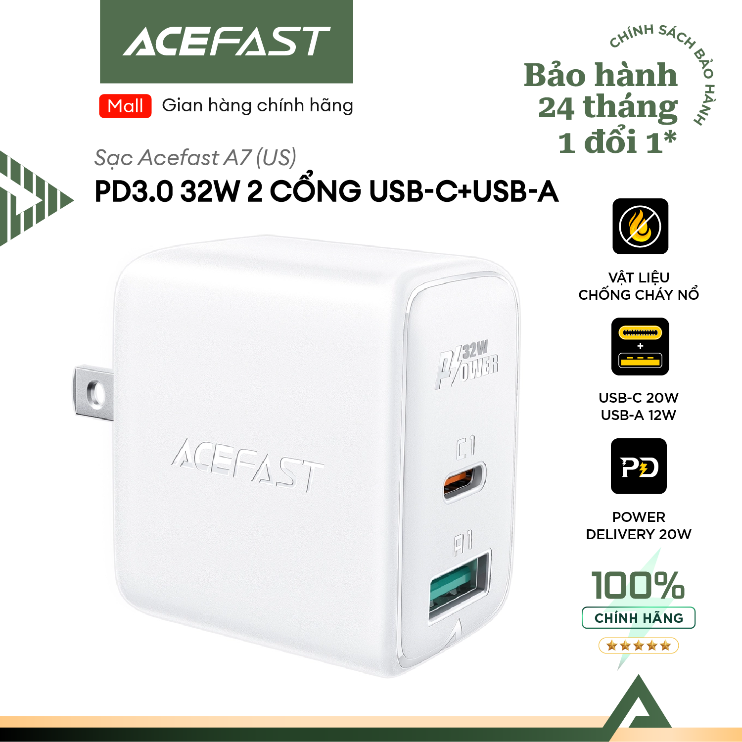 Sạc Acefast PD3.0 32W 2 cổng USB-C+USB-A  - A7 Hàng chính hãng Acefast