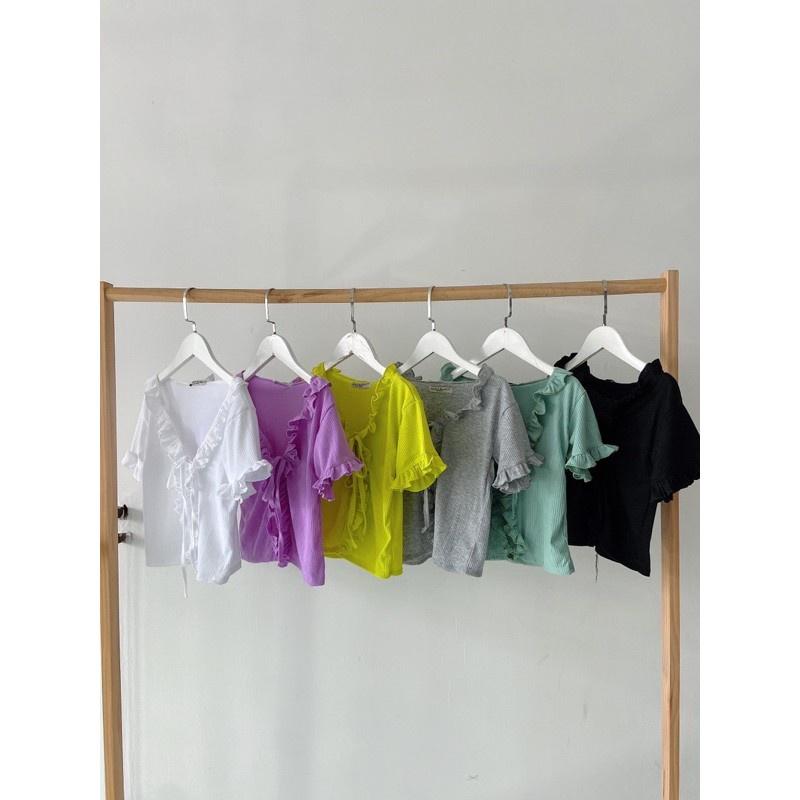 ÁO NỮ CROPTOP THUN GÂN PHỐI BÈO CỘT DÂY