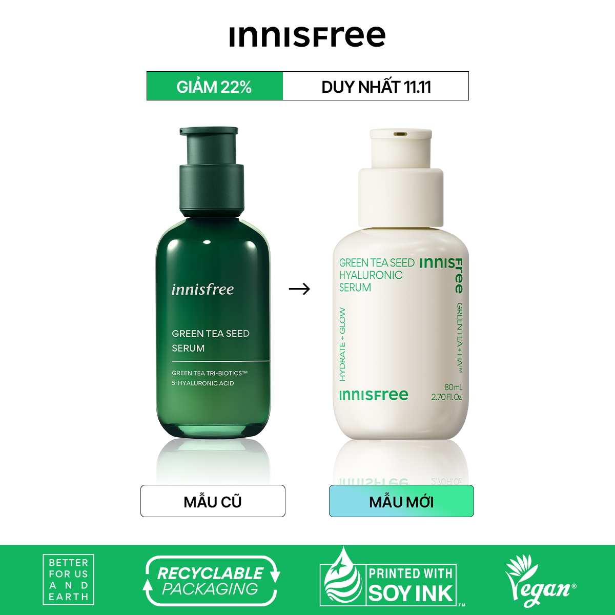 Tinh chất innisfree Green Tea Seed Hyaluronic Serum 2023 Nano 5 loại HA cấp nước tức thì cho da 80mL