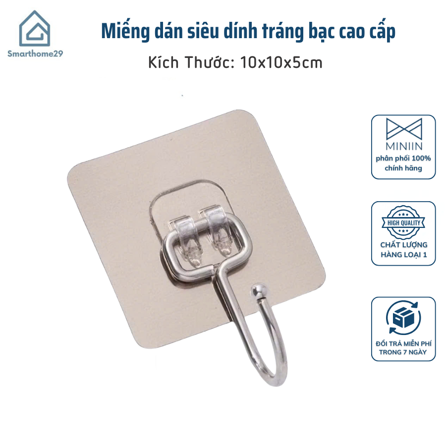 Set 10 Miếng Dán Tường Siêu Dính Tráng Bạc + Móc Inox 304 Chống Gỉ Cực Chắc - HÀNG CHÍNH HÃNG MINIIN