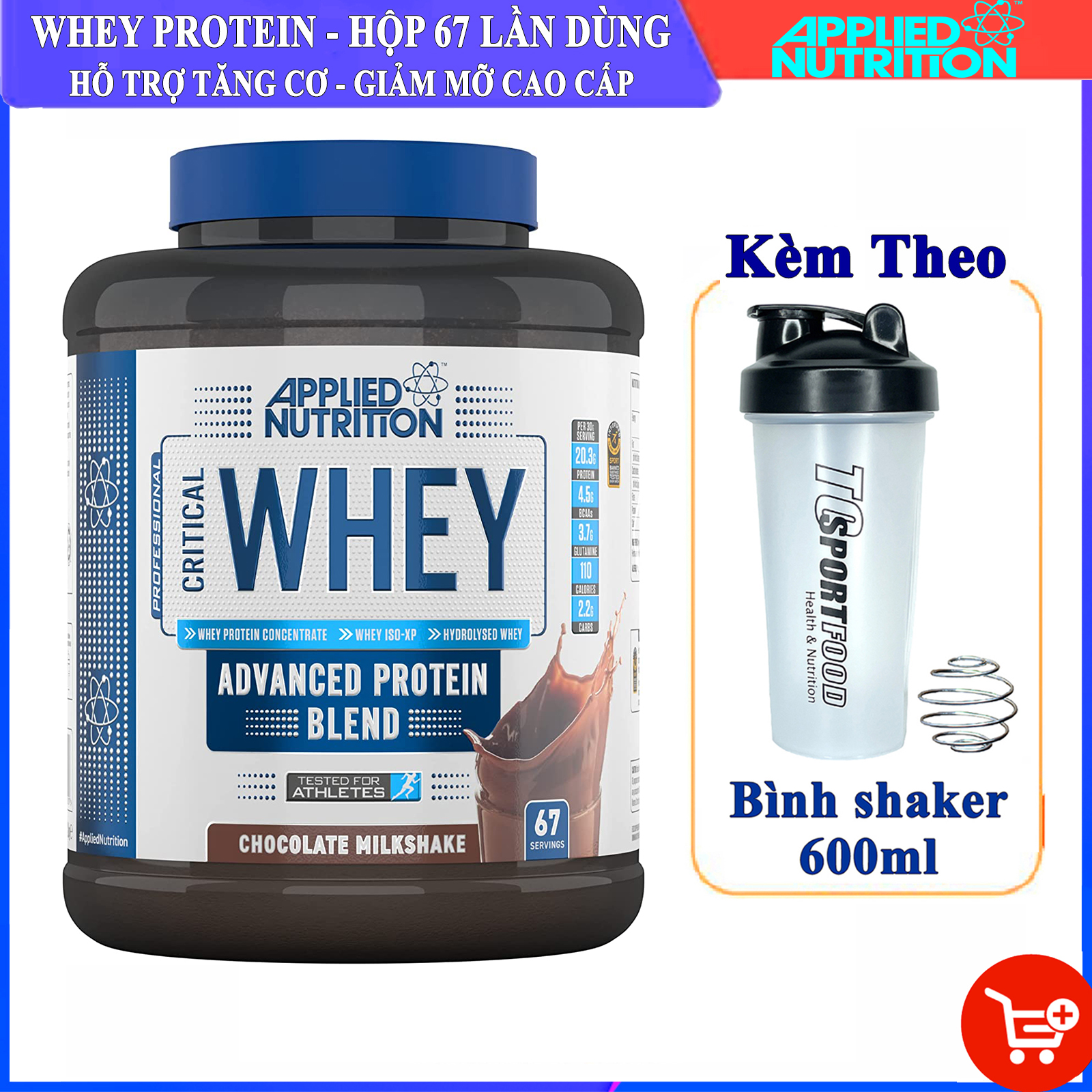 Combo Sữa tăng cơ giảm mỡ CRITICAL WHEY của APPLIED NUTRITION hỗ trợ tăng cơ, phục hồi cơ bắp cho người tập GYM &amp; Bình shaker 600ml (Mẫu ngẫu nhiên)