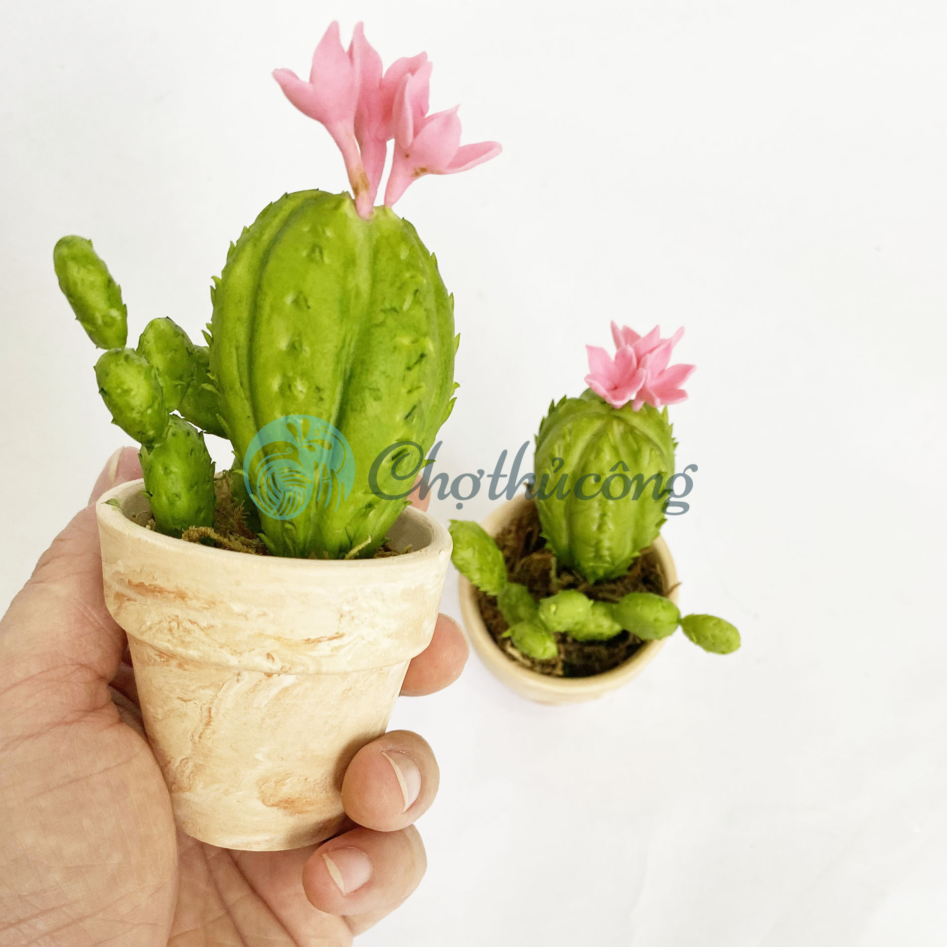 Chậu xương rồng mini giả decor - hoa đất sét Nhật thái, chậu cây mini handmade để bàn trang trí