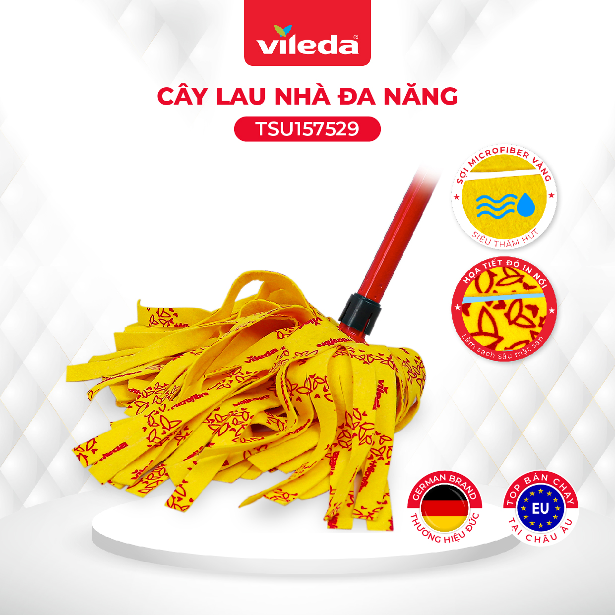 Cây lau nhà VILEDA Supermocio Soft vải sợi siêu nhỏ, thấm hút nhanh phù hợp sàn gỗ các loại