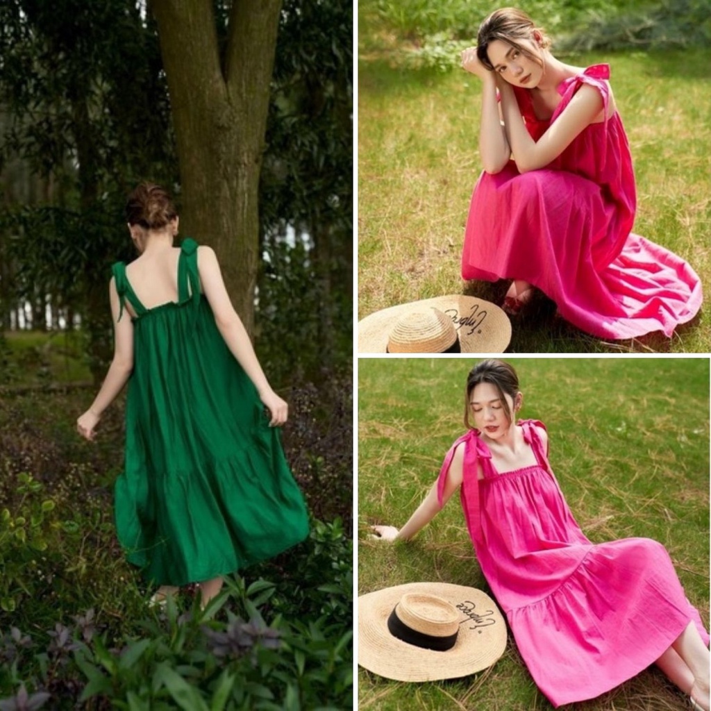 Váy maxi đi biển hai dây bản to buộc nơ dáng dài hở lưng hai màu xanh - hồng xinh xắn