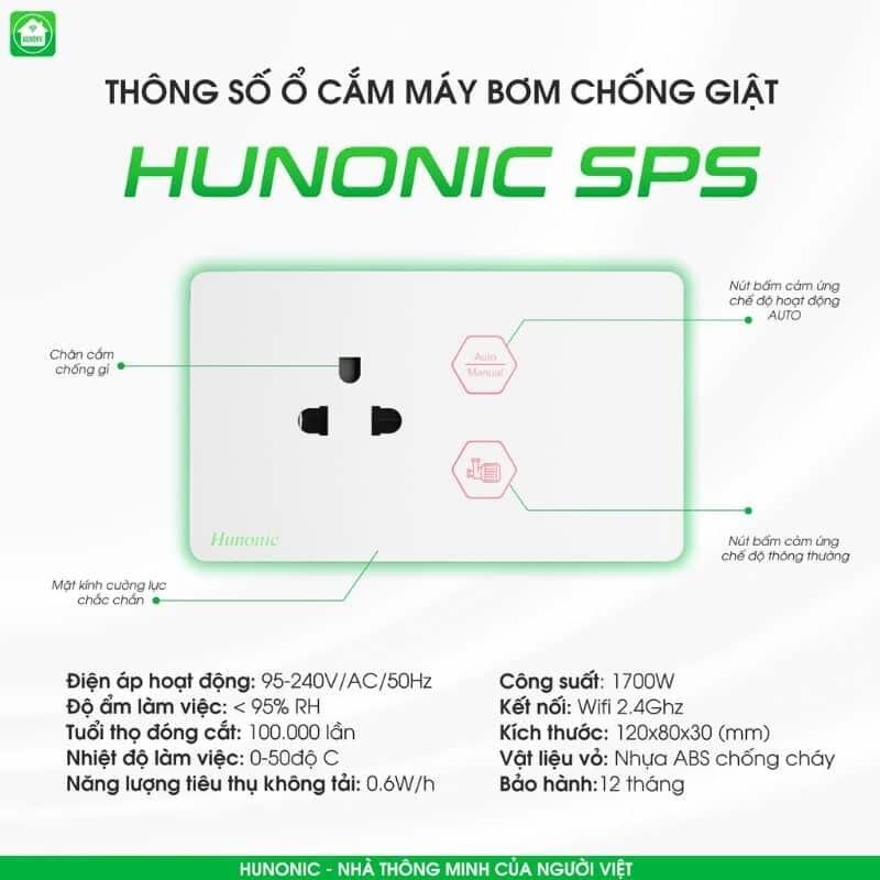 Ổ Cắm Chống Giật Hunonic SPS Bật tắt Máy Bơm, quản lý, mô phỏng lượng nước trên điện thoại