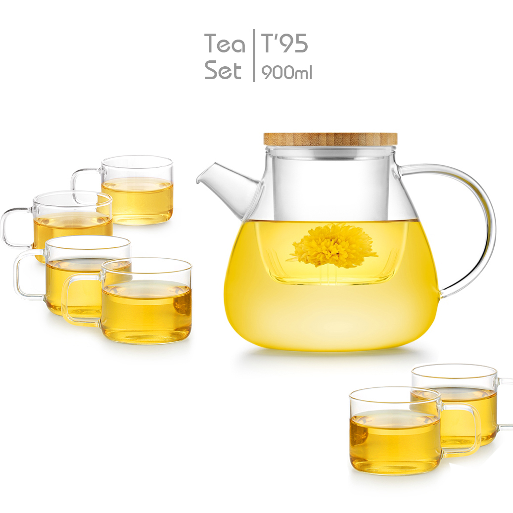 Bộ ấm Trà Hoa thủy tinh lõi thủy tinh T95 ( Ấm 900ml + 6 tách 100ml )