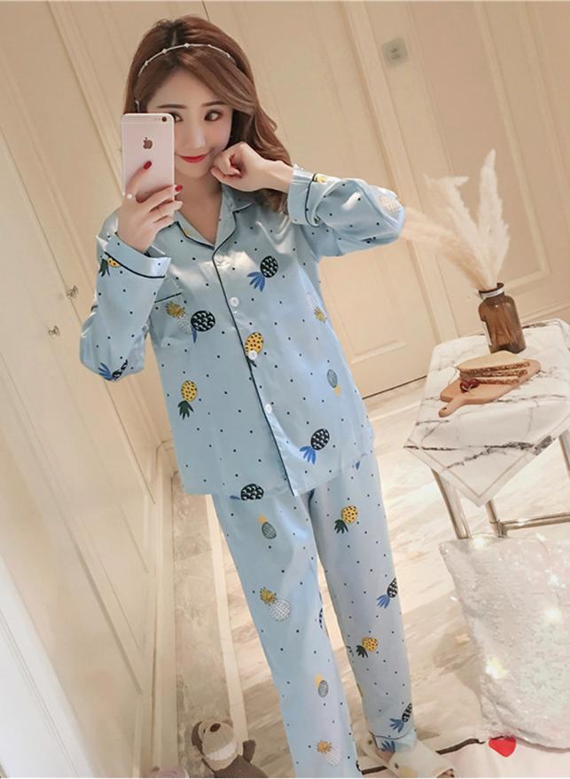 Bộ đồ ngủ phi lụa tay dài quần dài hoạ tiết trái thơm dễ thương CDANP11