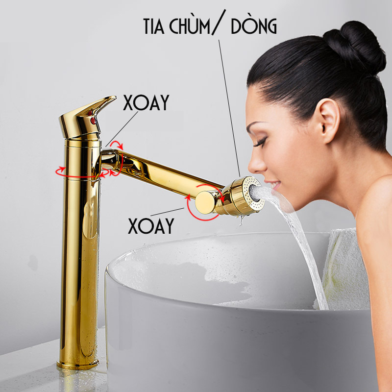 Vòi rửa mặt Lavabo cổ xoay 720 độ đa chiều, củ đồng, thân cao, mạ vàng, điều chỉnh nhiều chế độ tia nước Minh House