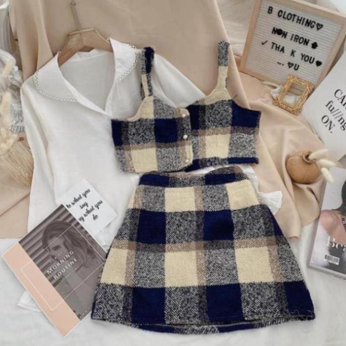 Set Đồ Nữ, Áo Croptop Caro Kèm Chân Váy Áo Sowmi Trắng Phôí Cực Xinh Phong Cách Trẻ Trung