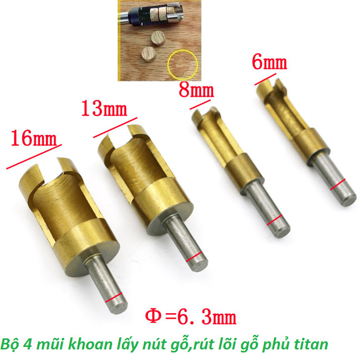 Bộ 4 mũi khoan lấy nút gỗ, lấy chốt gỗ