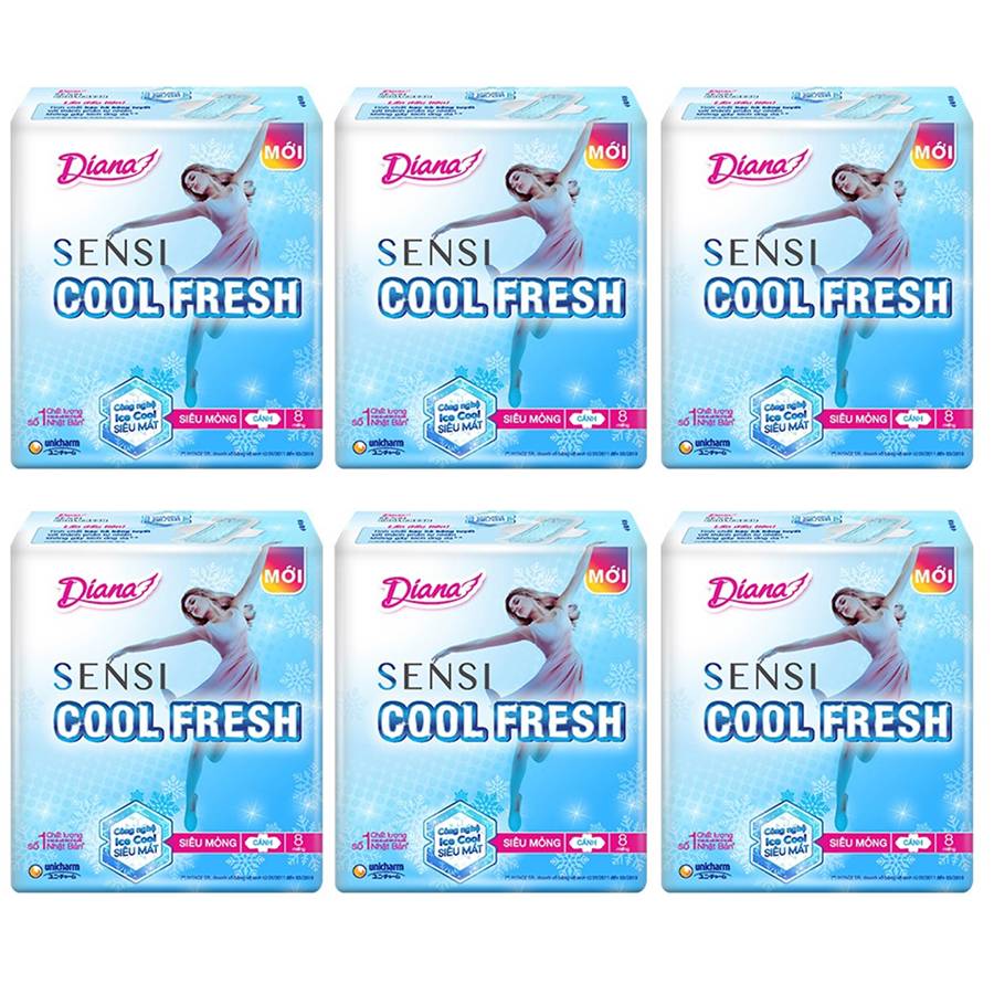 Bộ 6 Gói Băng Vệ Sinh Diana SenSi Cool Fresh Siêu Mỏng Cánh (8 Miếng/Gói)