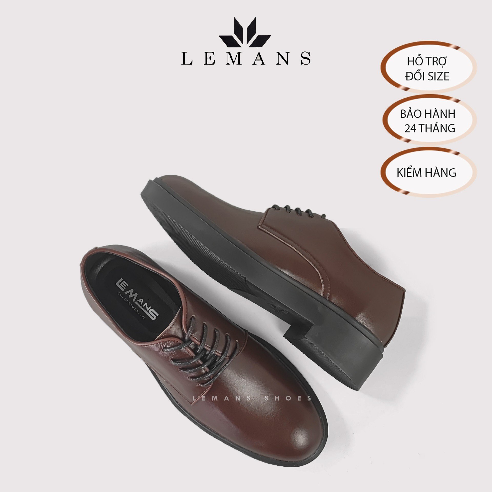 Giày tây Modern Derby Brown - LEMANS, da bò nguyên tấm, đế tăng chiều cao 4cm, bảo hành 24 tháng