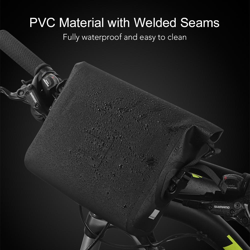 Túi đựng đồ gắn ghi đông xe đạp bằng vật liệu PVC với các đường hàn, không thấm nước và bền,Nắp đậy dạng cuộn