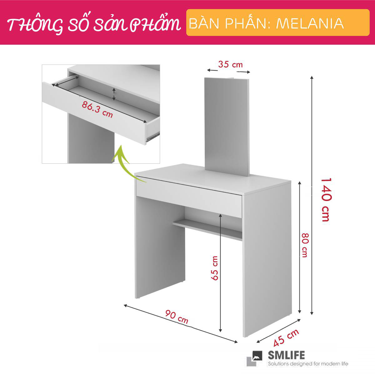 Bàn trang điểm gỗ hiện đại SMLIFE Milana | Gỗ MDF dày 17mm chống ẩm | D90xR45xC140cm